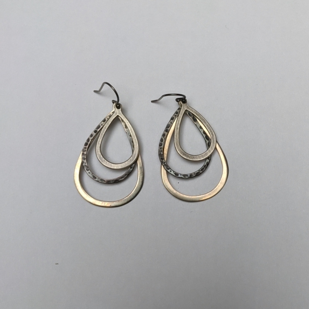 Gold & Pounded Metal Teardrop Shaped Earrings